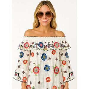 John Mark Embroidered Floral Boho Crinkle Strapless Ruffle Top White Size Large